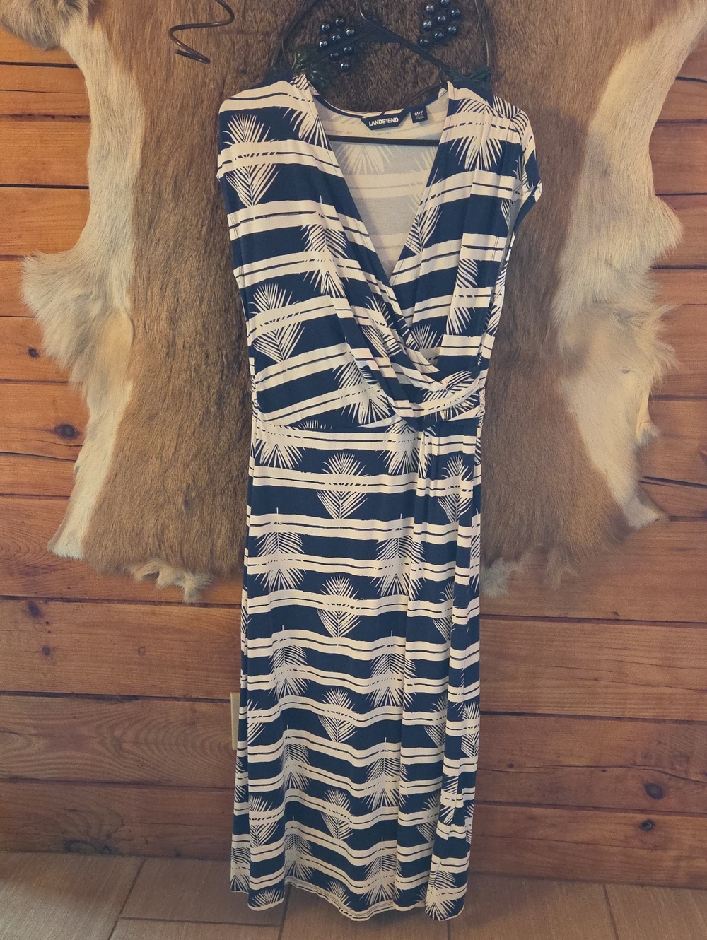 Lands End Navy and White Faux-Wrap Maxi Dress
